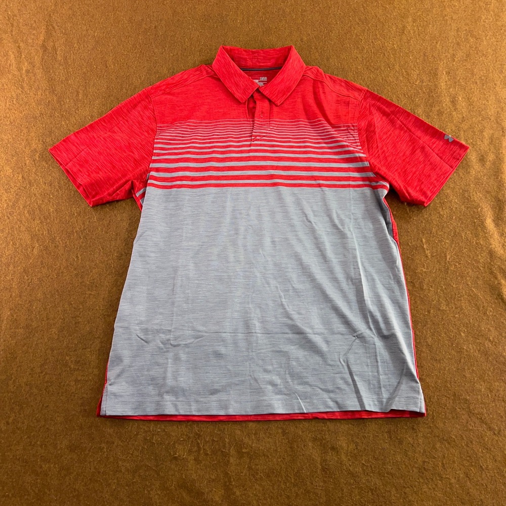 Under Armour Mens Large Red Grey Striped HeatGear Polo Shirt